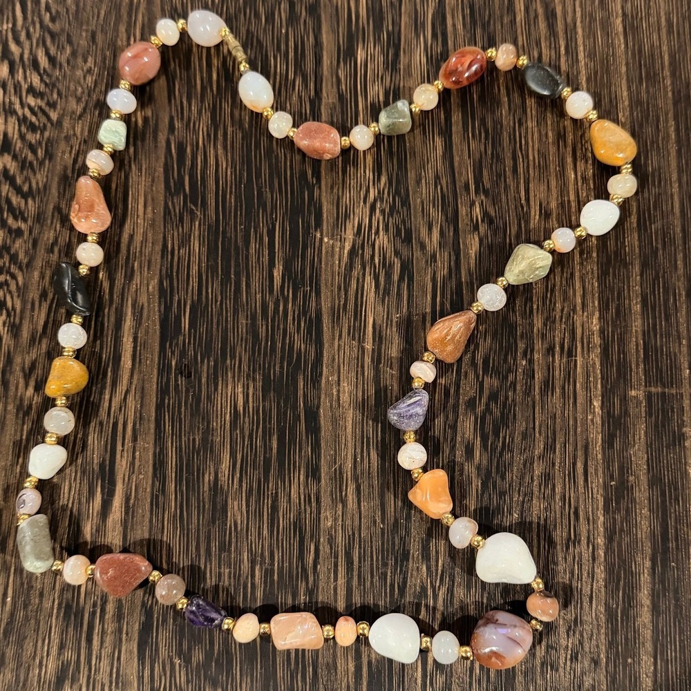 Genuine Mixed Gemstone Nugget Necklace Quartz Amethyst Carnelian Boho Chakra